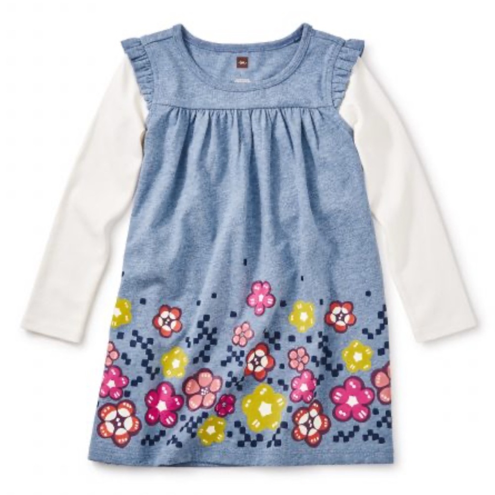 Tea Collection Mighty Mini Dress Girls 4 Blue Floral Long Sleeve Chambray
